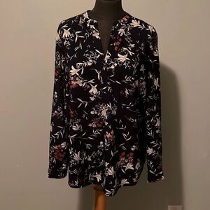 Hilary Radley Womens Split Neck Floral Long Sleeve Tunic Blouse